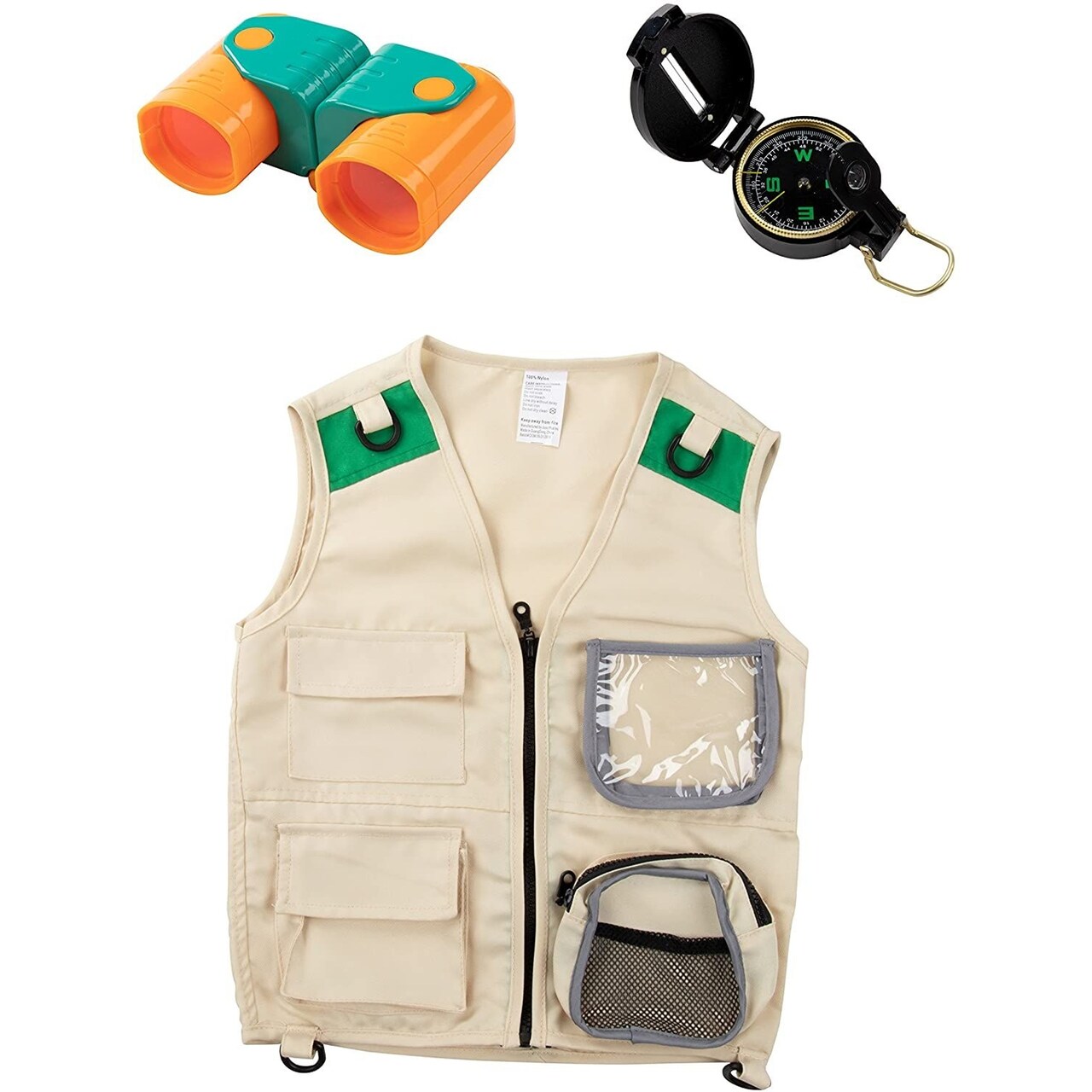 Blue Panda Kid Explorer Vest Kit - 3-Piece Outdoor Exploration Set Includes Cargo Vest, Compass, and Binoculars for Kids' Pretend Play or Nature Safari Halloween Party Dress-Up Costume